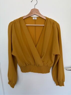 Wilfred Mustard Wrap-Front Long Sleeve Smocked Hem Blouse